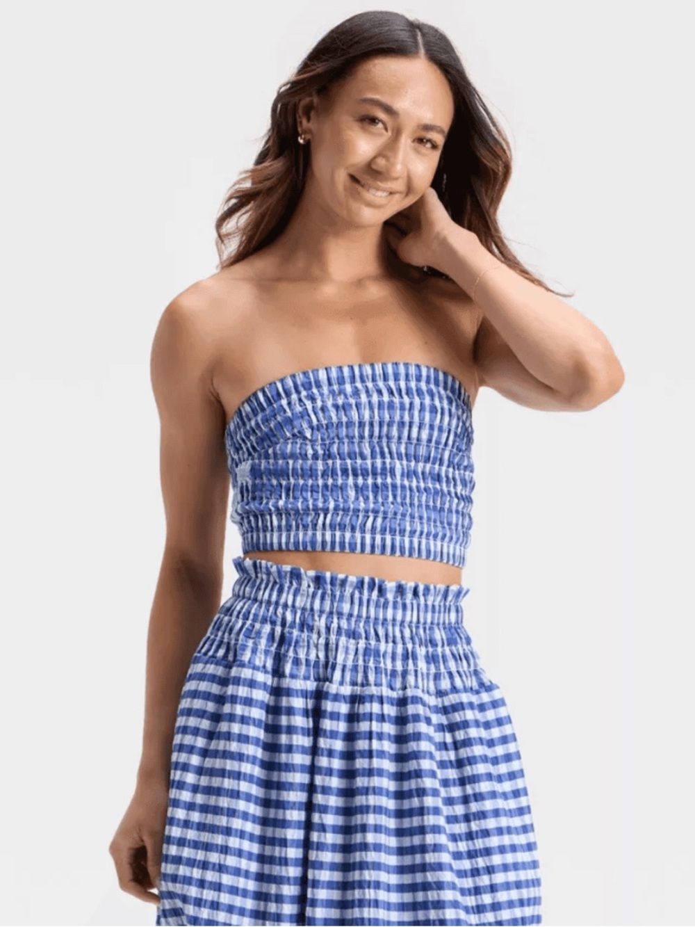 NWT Universal Thread Blue and White Gingham Smocked Strapless Crop